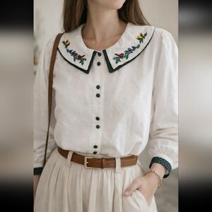 Bechamel Floral Embroidered Cream Blouse